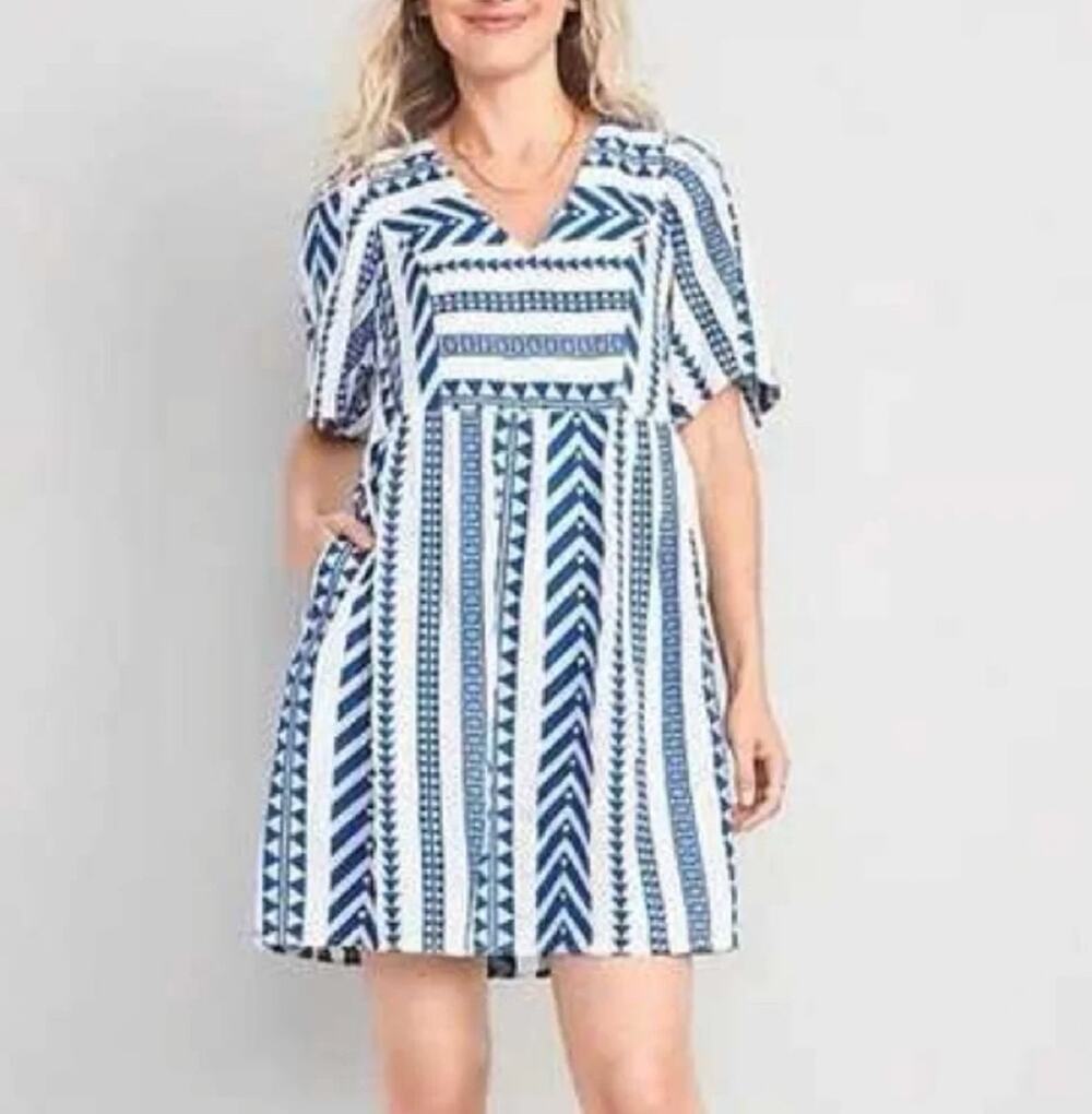 Old Navy Swing Dress Blue White Jacquard V-Neck Mini XL Boho Peasant Tribal